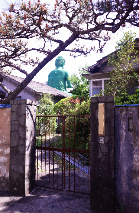 A majestic Nagoya's green Buddha stands proudly in a backyard, radiating tranquility and grace in Nagoya.