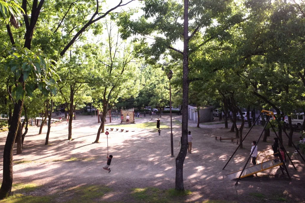 Panoramic view of Mizuho Park Higashi Children Park, a haven for family fun on the east side of Mizuho Sports Ground in Nagoya.