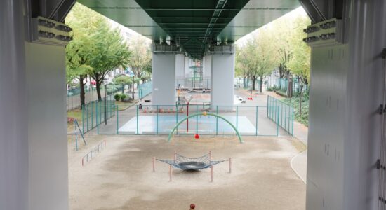 View of Wakamiya Odori Park beneath Nagoya Highway.