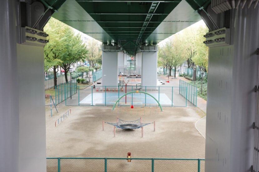 View of Wakamiya Odori Park beneath Nagoya Highway.