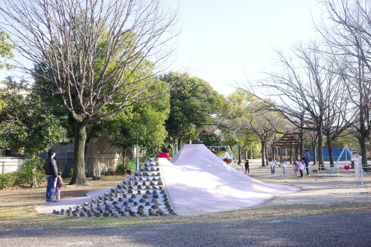 The unique two combined Mt Fuji sliders at Oseko park along Hori river.