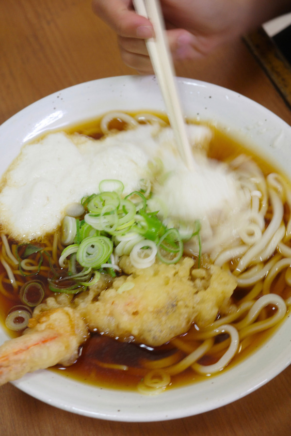 A delicious bowl of udon topped with tempura and green onions, embodying the essence of hidden Nagoya food.