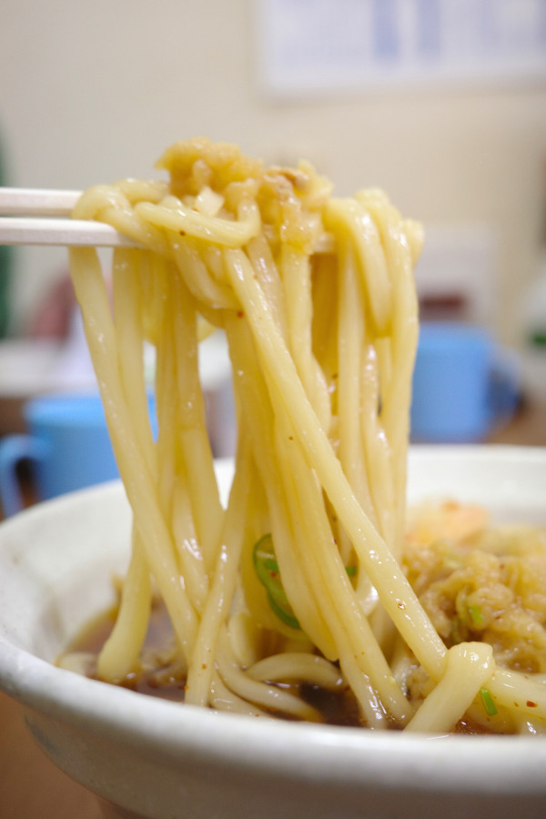 Chomei Udon's thick, satisfying noodles being lifted with chopsticks, a true representation of beloved local udon in Nagoya.