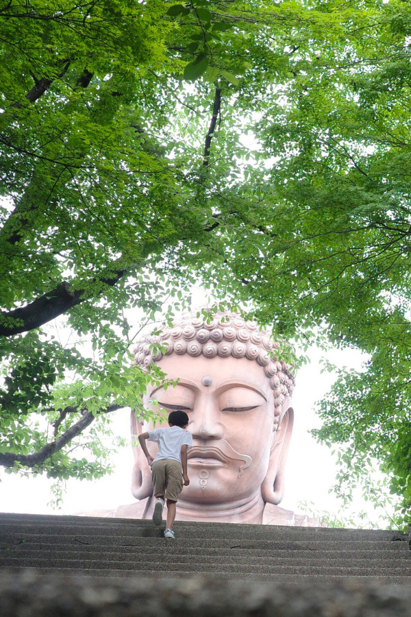 A child climbing the steps towards The Great Buddha of Shurakuen, creating a sense of awe and scale.