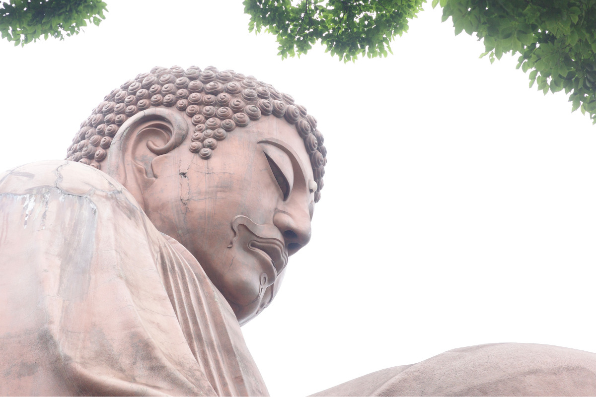 Close-up side view of The Great Buddha of Shurakuen's face, showcasing its detailed features and serene expression.