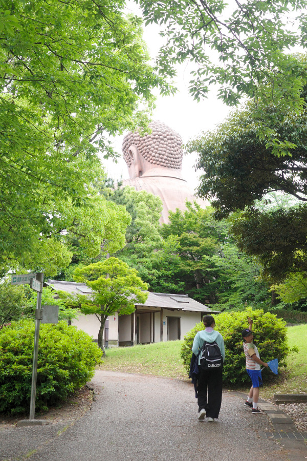 Rear view of The Great Buddha of Shurakuen with its head visible above lush green trees in the park.