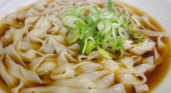 A bowl of rich, flavorful udon soup with thick noodles and chopped green onions, showcasing beloved local udon in Nagoya.