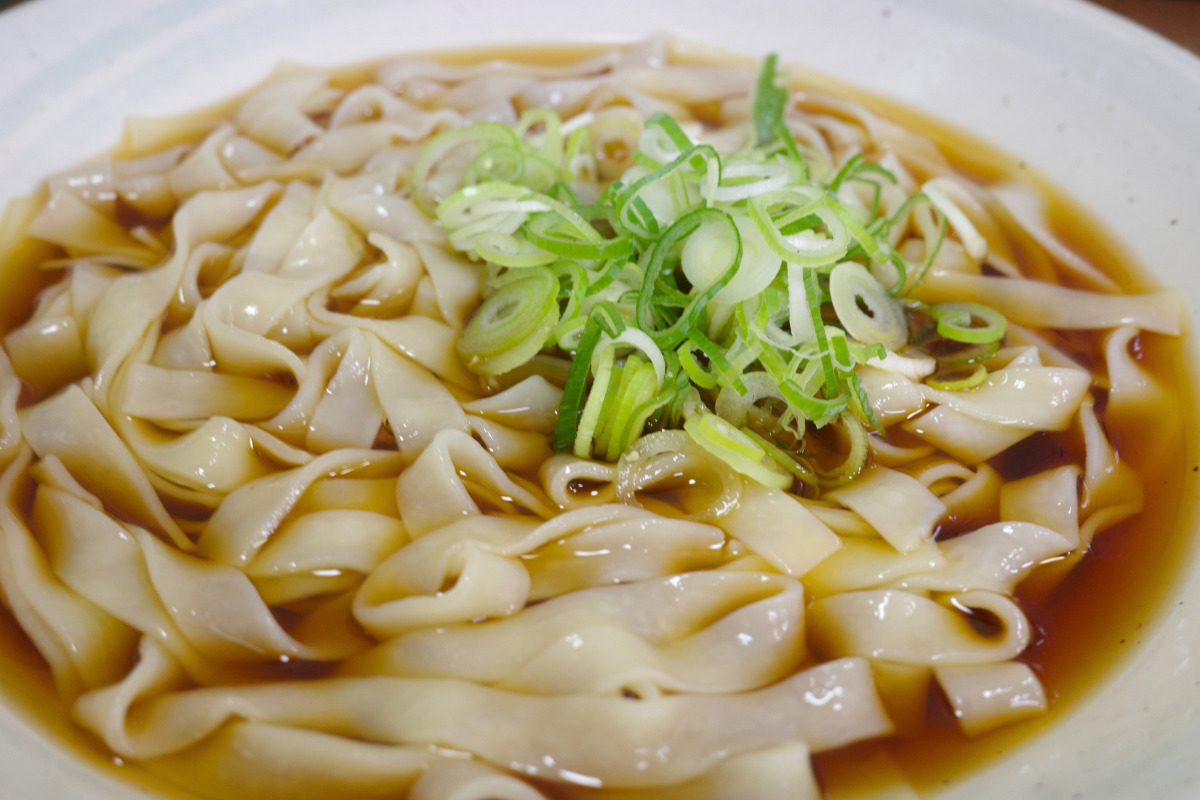 A bowl of rich, flavorful udon soup with thick noodles and chopped green onions, showcasing beloved local udon in Nagoya.