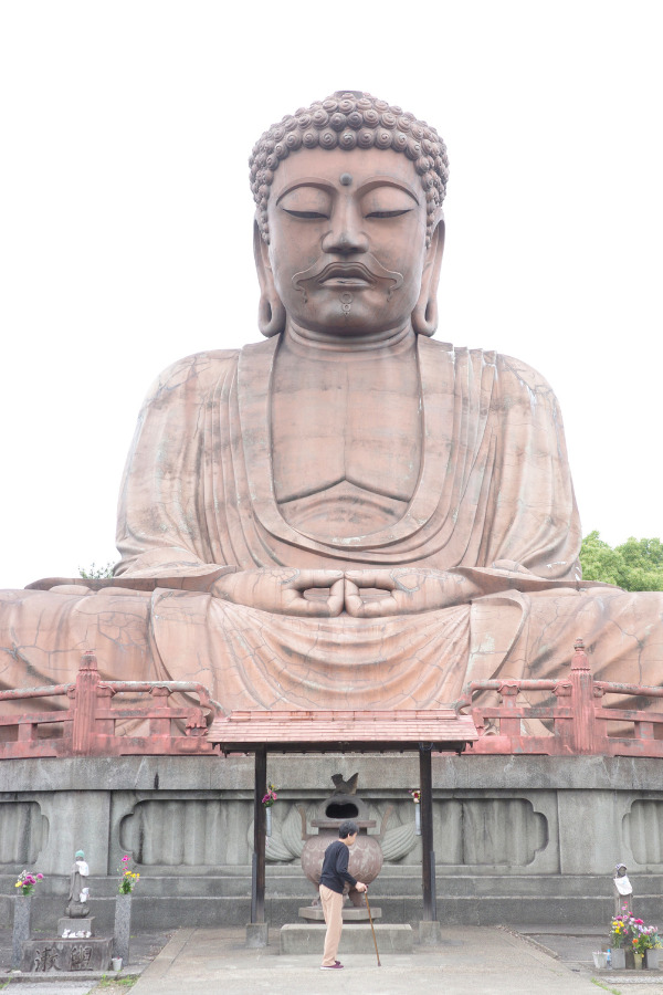 The Great Buddha of Shurakuen sitting in serene meditation, surrounded by greenery, with a person paying their respects.